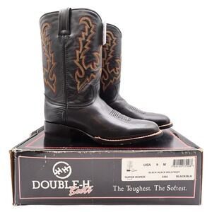 Vintage Double-H Men's 9M Black Bullfight Leather Super Roper Boots 3392 NWB